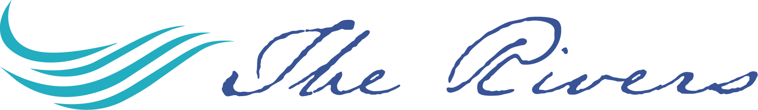 Logo for The Rivers of Portage Senior Living, featuring stylized dark blue text 'The Rivers' and a blue-green wave graphic on a black background.